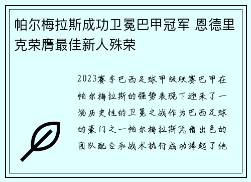 帕尔梅拉斯成功卫冕巴甲冠军 恩德里克荣膺最佳新人殊荣 帕尔梅拉斯成功卫冕巴甲冠军 恩德里克荣膺最佳新人殊荣